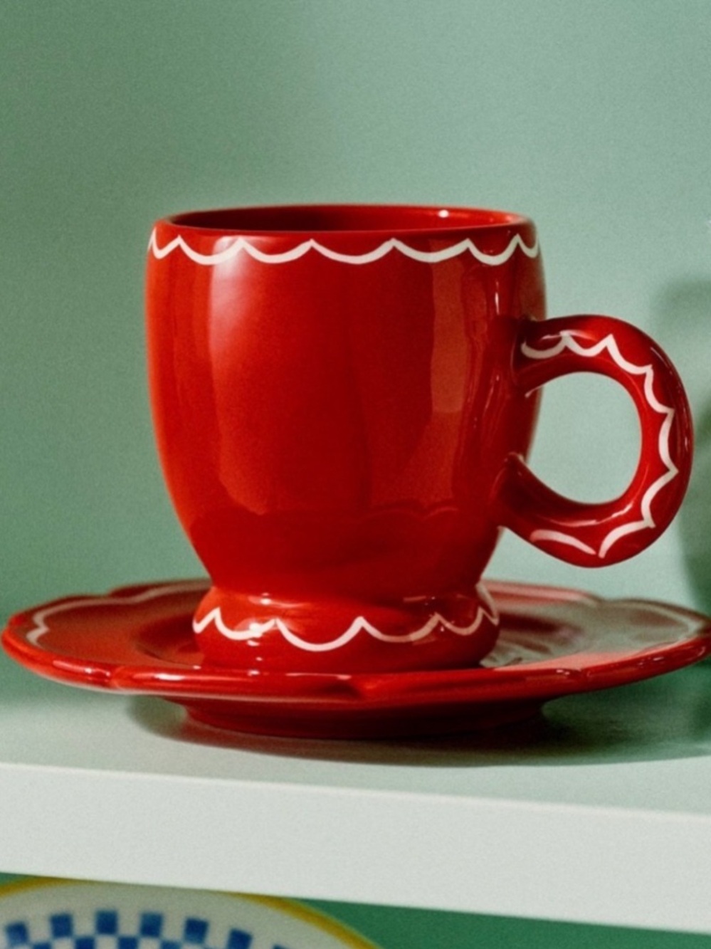 DAMSON MADDER NWT glazed stoneware espresso cup & saucer -red